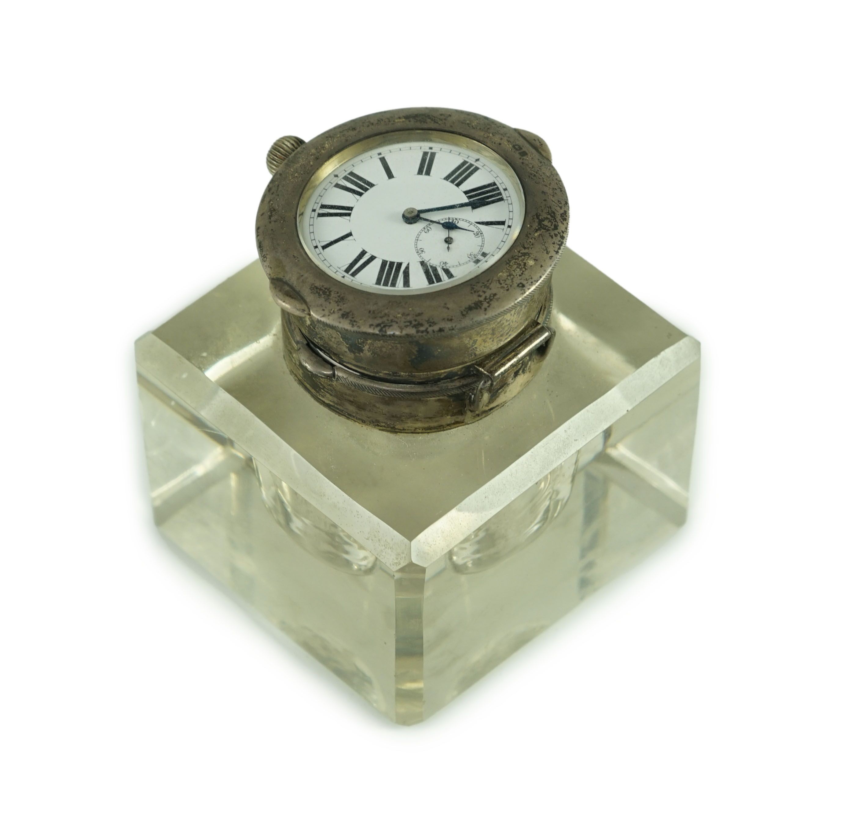 An Edwardian silver mounted glass combination pocket watch holder/inkwell, by John Charles Grinsell